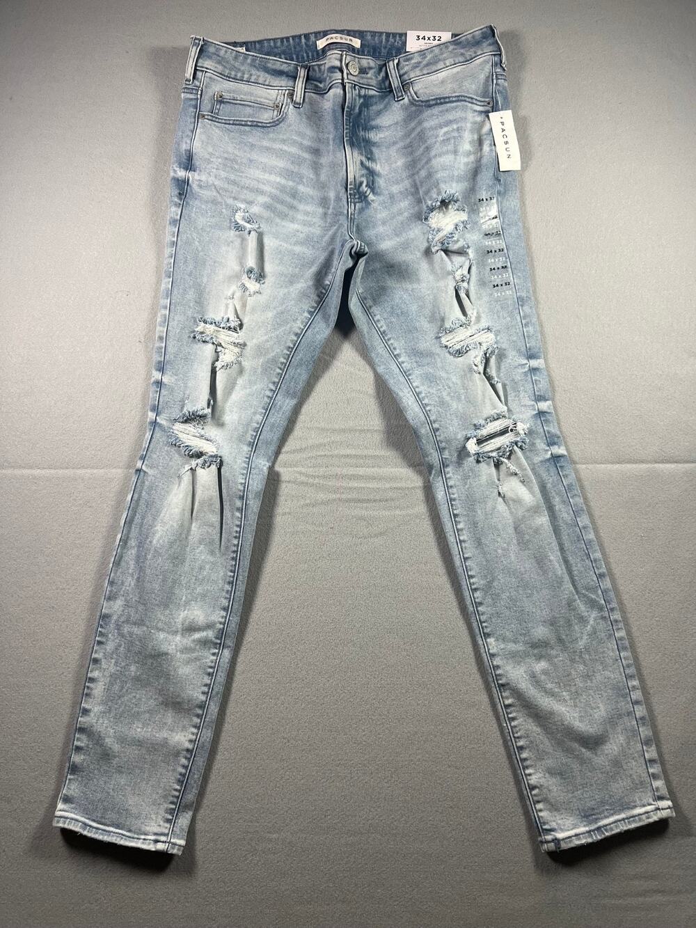 PacSun Men's Jeans Skinny Active Stretch Ripped, Light Blue Denim, 34 x 32, NEW
